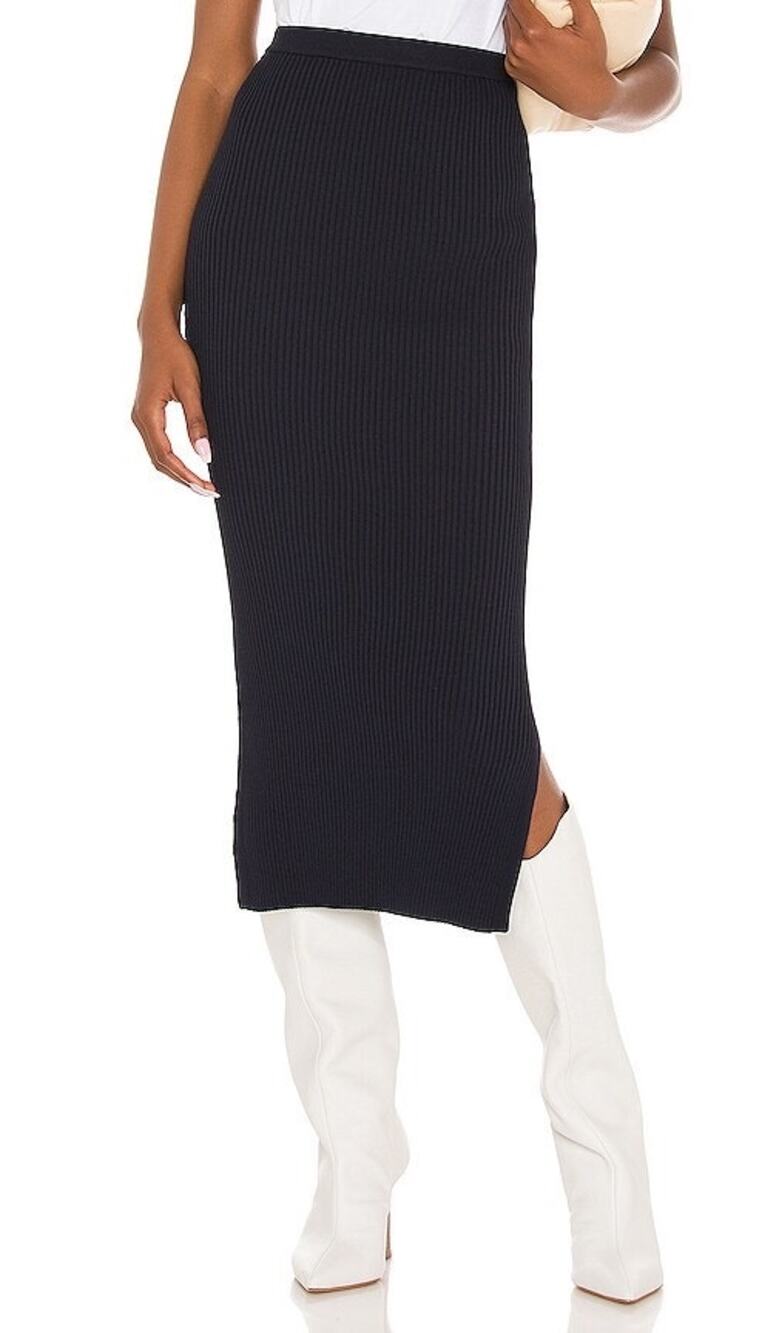 NEW Cami NYC Leah Black Knit Ribbed Bodycon Stretch Slit Calf Length Midi Skirt